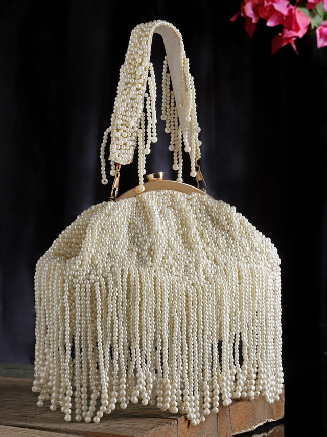 White Faux Silk Embellished Clutch