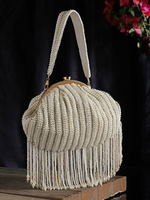 White Faux Silk Striped Embellished Clutch