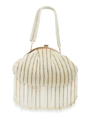 White Faux Silk Striped Embellished Clutch