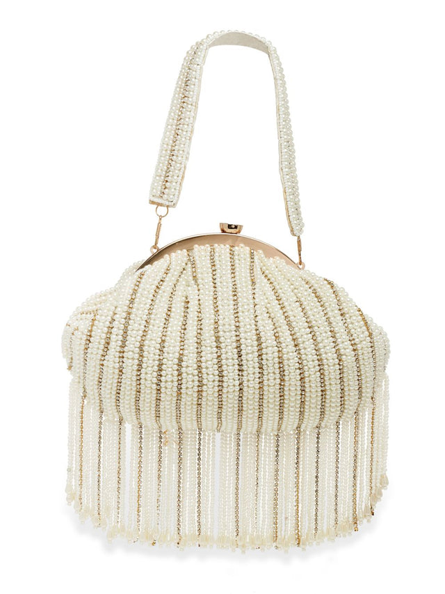 White Faux Silk Striped Embellished Clutch