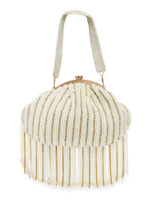 White Faux Silk Striped Embellished Clutch