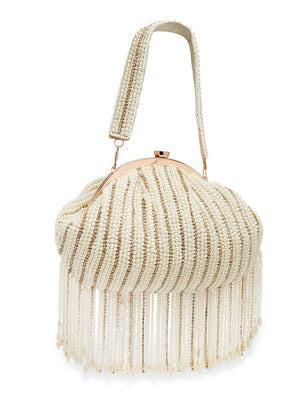 White Faux Silk Striped Embellished Clutch