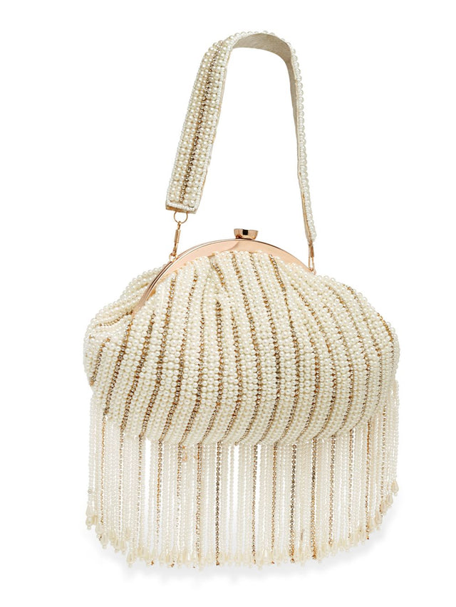White Faux Silk Striped Embellished Clutch