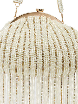 White Faux Silk Striped Embellished Clutch