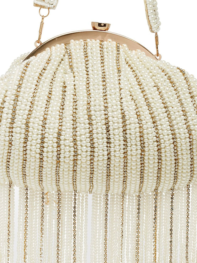 White Faux Silk Striped Embellished Clutch