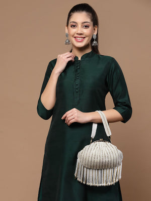 White Faux Silk Striped Embellished Clutch