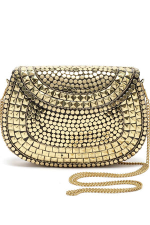Buy Gold Mosaic Embellished Metal Halfmoon Clutch Online - Side
