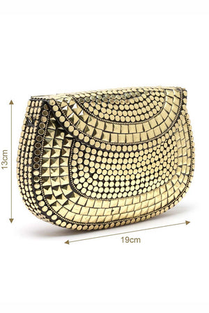 Buy Gold Mosaic Embellished Metal Halfmoon Clutch Online - Back