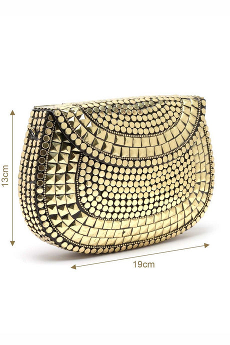 Buy Gold Mosaic Embellished Metal Halfmoon Clutch Online - Back