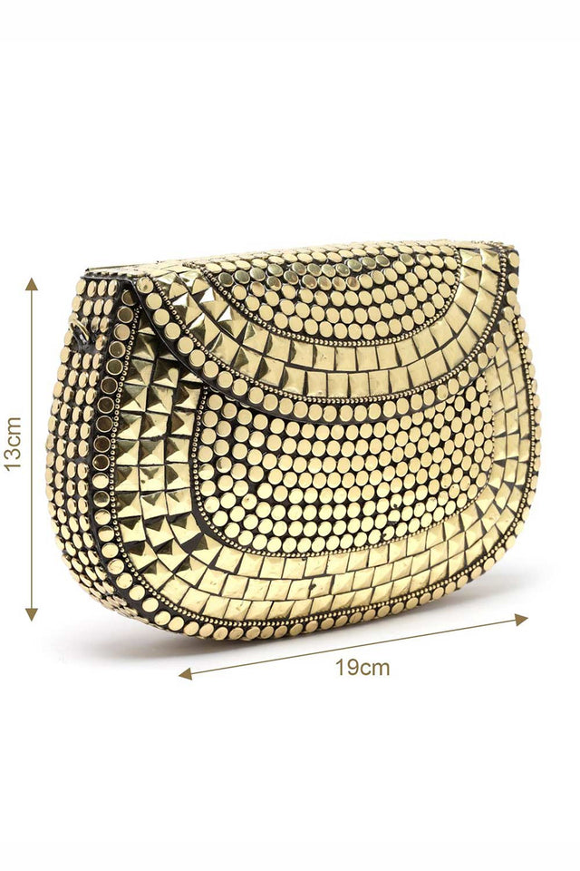 Buy Gold Mosaic Embellished Metal Halfmoon Clutch Online - Back