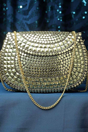 Buy Gold Mosaic Embellished Metal Halfmoon Clutch Online
