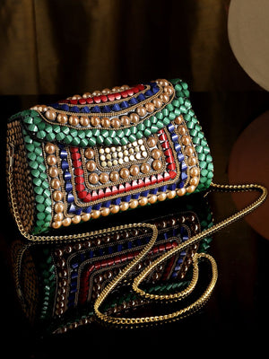 Green Metal Stone Work Embellished Clutch