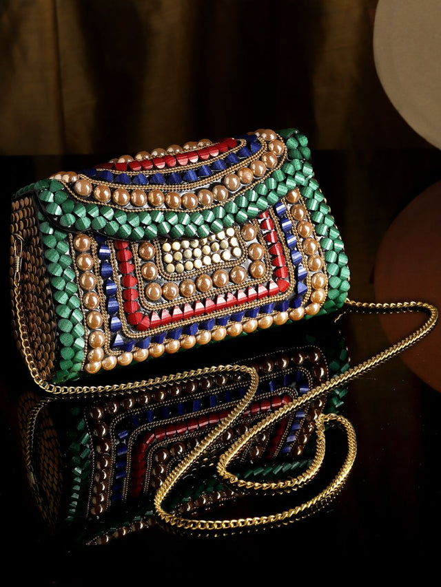 Green Metal Stone Work Embellished Clutch