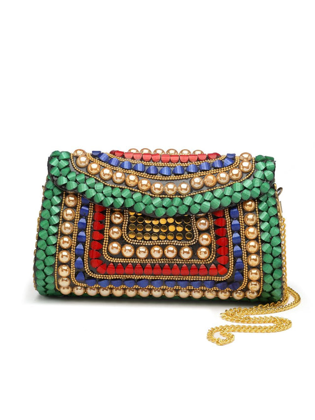 Green Metal Stone Work Embellished Clutch