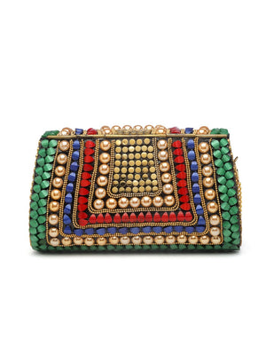 Green Metal Stone Work Embellished Clutch