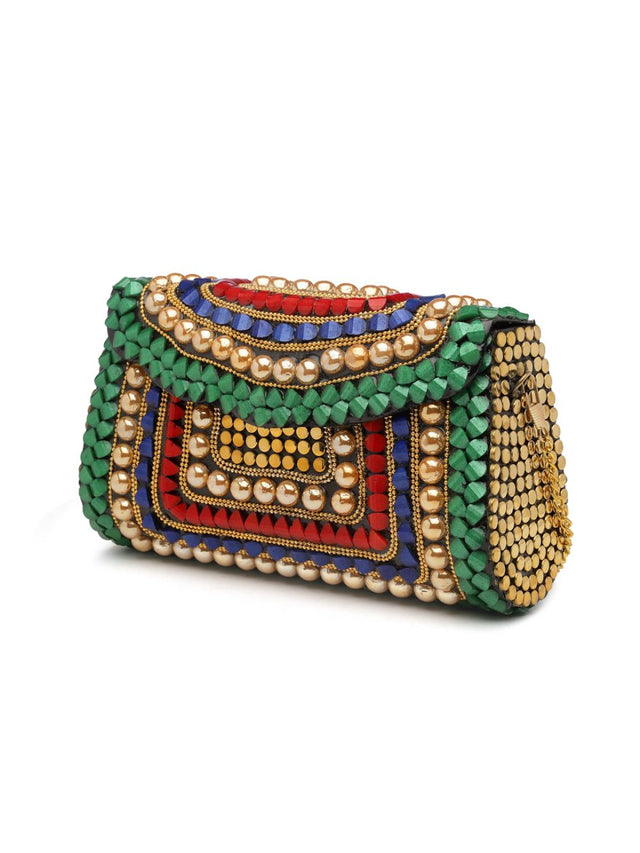 Green Metal Stone Work Embellished Clutch