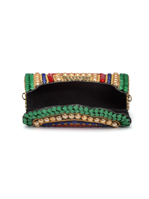 Green Metal Stone Work Embellished Clutch