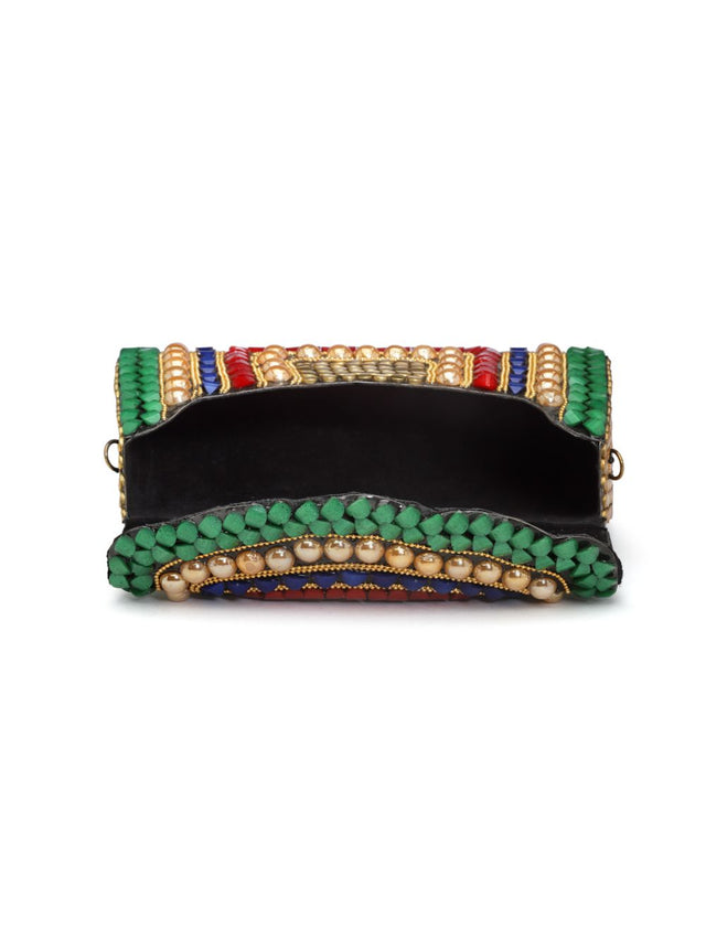 Green Metal Stone Work Embellished Clutch