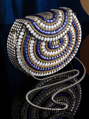 Silver Metal Stone Work Embellished Clutch