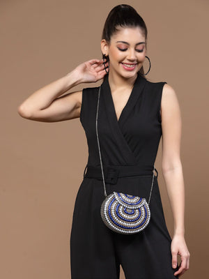 Silver Metal Stone Work Embellished Clutch