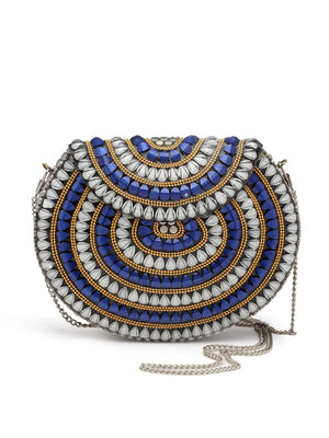 Silver Metal Stone Work Embellished Clutch