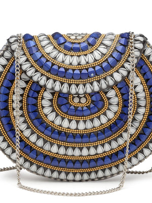 Silver Metal Stone Work Embellished Clutch