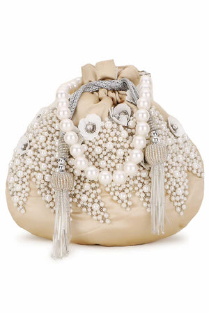 Cream And White Satin Floral Embellished Potli