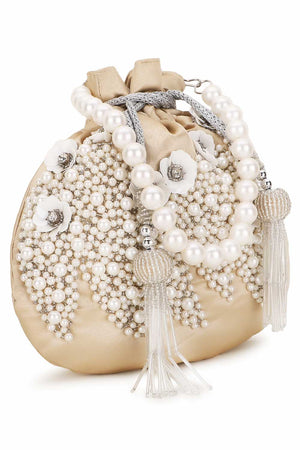 Cream And White Satin Floral Embellished Potli