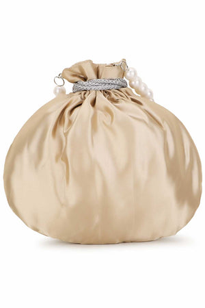 Cream And White Satin Floral Embellished Potli