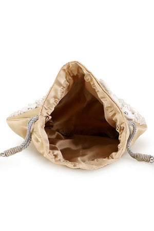 Cream And White Satin Floral Embellished Potli