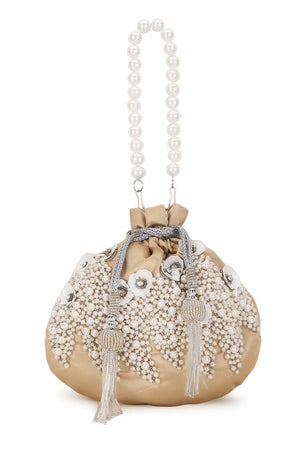 Cream And White Satin Floral Embellished Potli