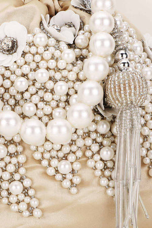 Cream And White Satin Floral Embellished Potli