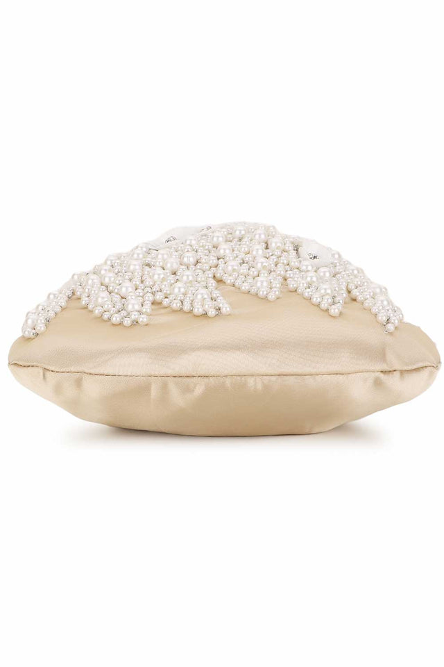 Cream And White Satin Floral Embellished Potli