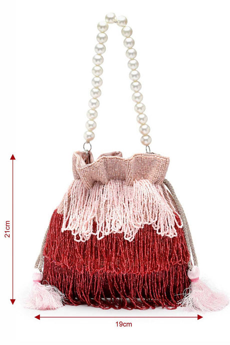 Buy Pink and Red Bead Work Embellished Satin Potli Online - Side