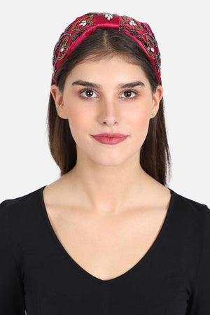 Magenta & Multi Faux Silk Floral Embellished Hairband