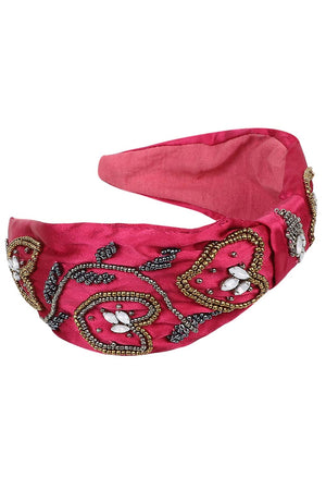 Magenta & Multi Faux Silk Floral Embellished Hairband
