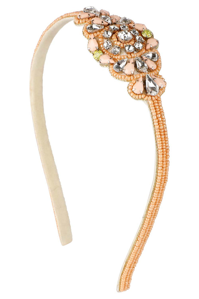Peach & Multi Embellished Velvet Hair Band
