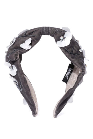 Grey & White Floral Embellished Velvet Hair Band