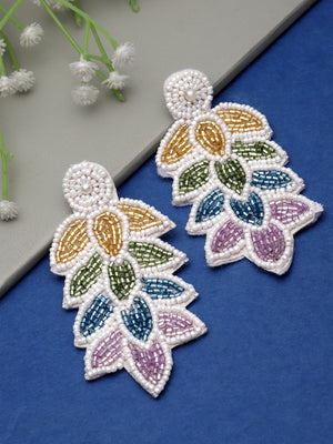 White & Multi Leaf Shaped Handcrafted Drop Earrings
