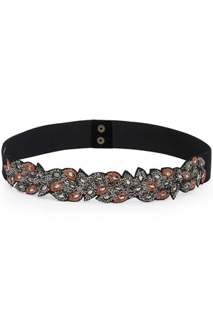 Botanical Sequins Cut Work Waist Belt In Black & Silver & Rust