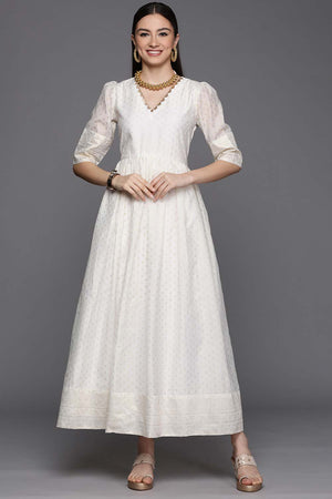 Off White Chanderi Gold Pasted Dress
