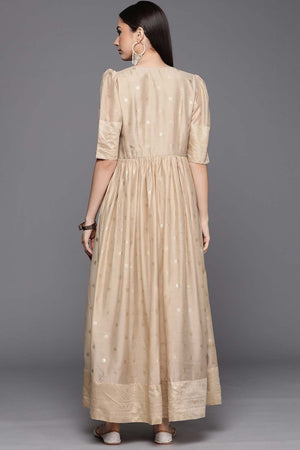Beige Chanderi Gold Foil Print Dress
