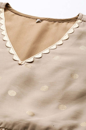 Beige Chanderi Gold Foil Print Dress