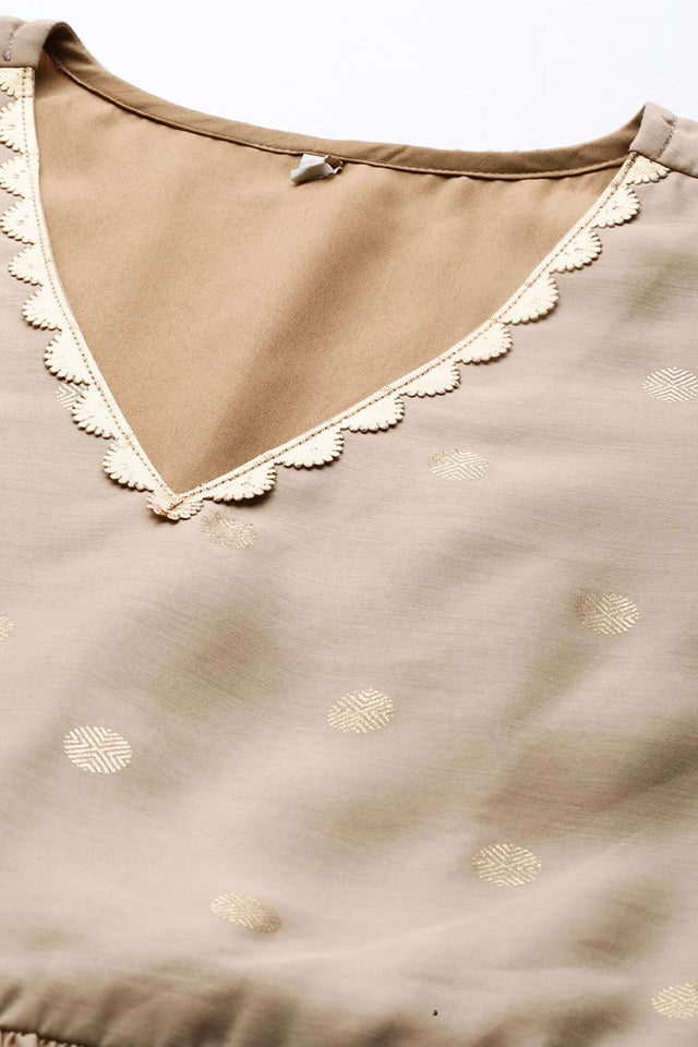 Beige Chanderi Gold Foil Print Dress