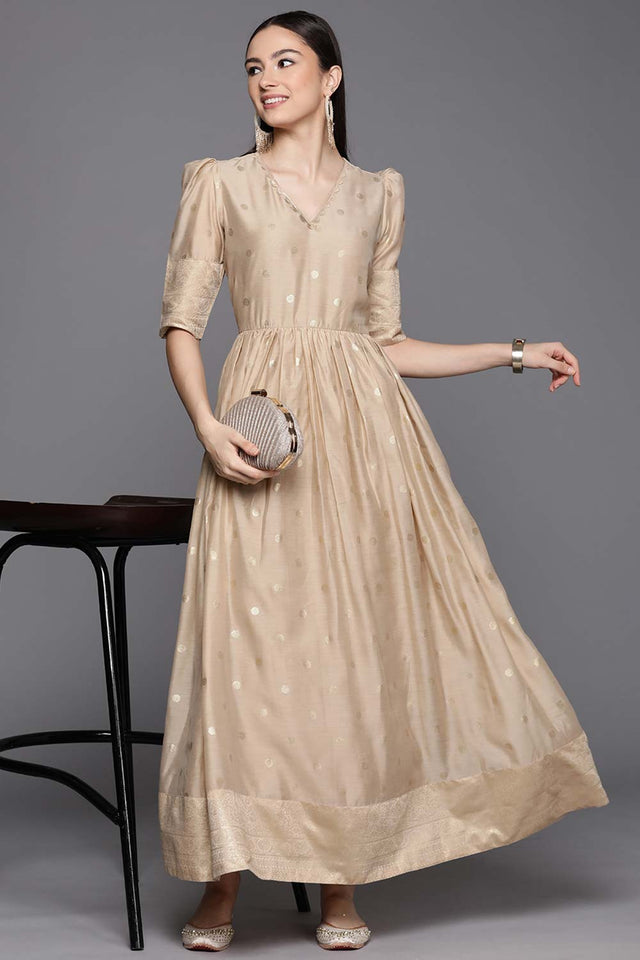 Beige Chanderi Gold Foil Print Dress