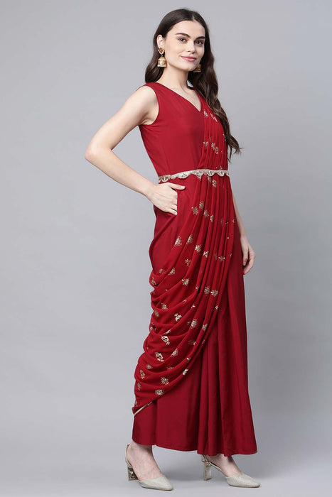 Saaj by Ankita Metallic Embroidered Saree Gown | Red, Sequin, Metallic  Georgette, Boat Neck, Sleeveless | Saree gown, Saree gowns, Gowns