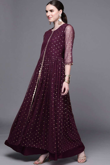 Buy Wine Net Polka Dot Foil Printed Dress Online - Side