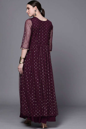 Buy Wine Net Polka Dot Foil Printed Dress Online - Zoom In