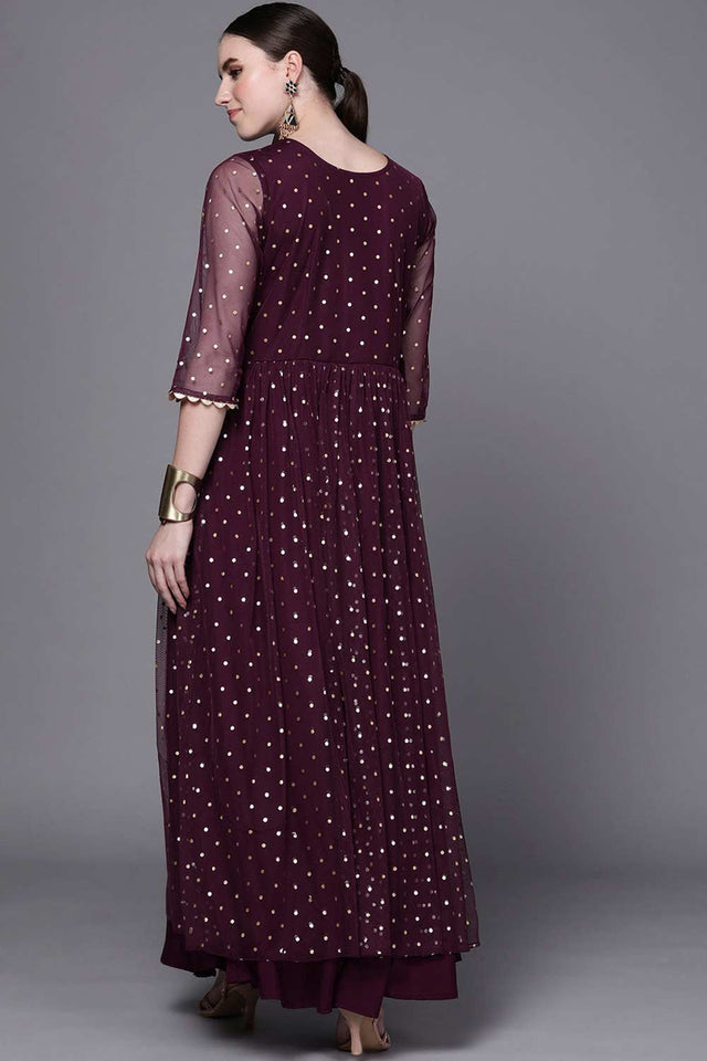 Buy Wine Net Polka Dot Foil Printed Dress Online - Zoom In