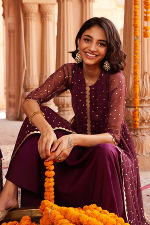 Buy Wine Net Polka Dot Foil Printed Dress Online